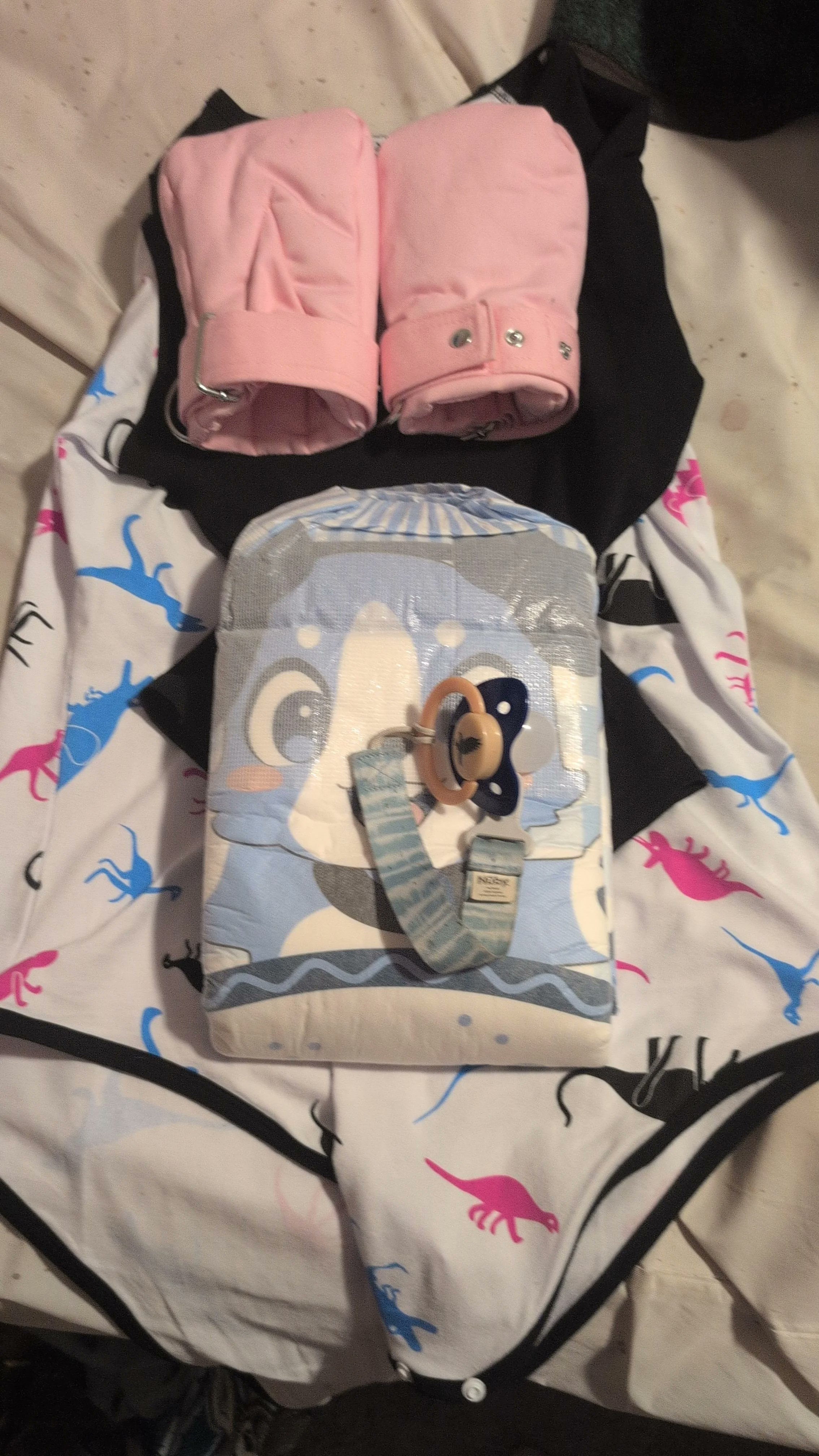 Nova's onesie, blue dog dipaer, pacifier and BDSM mittens.