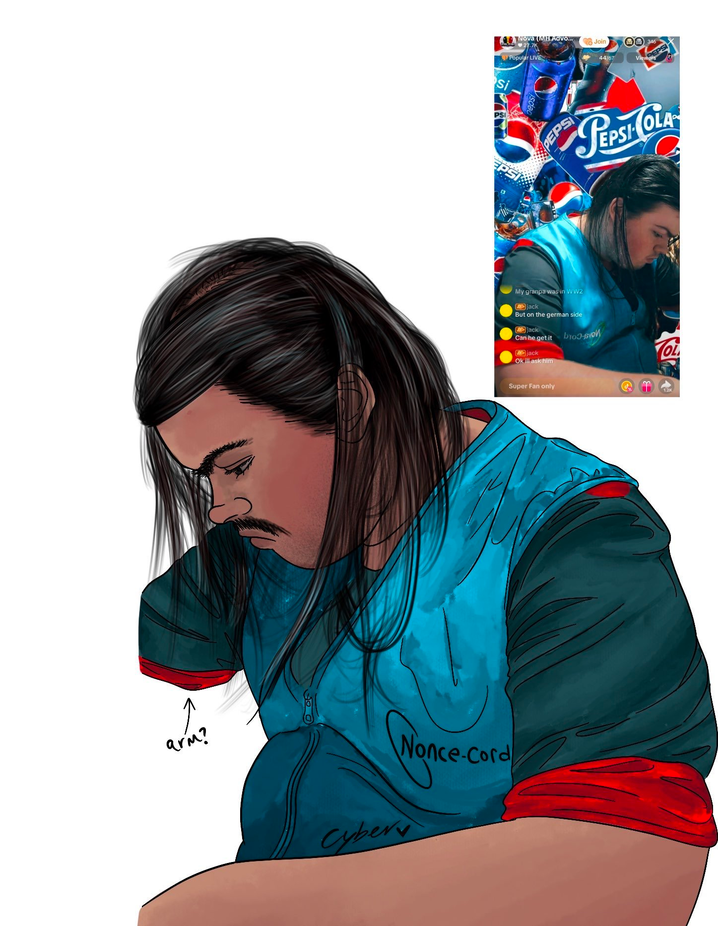 Traced and colored in sketch of Nova looking depressed while making NovaCords on a TikTok live.