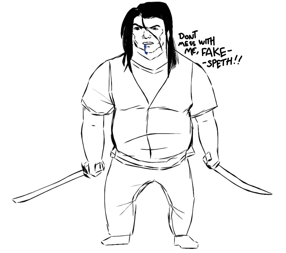 Nova weilding two swords while wearing his vest in an anime pose saying 'Don't mess with me, Fakespeth!!'