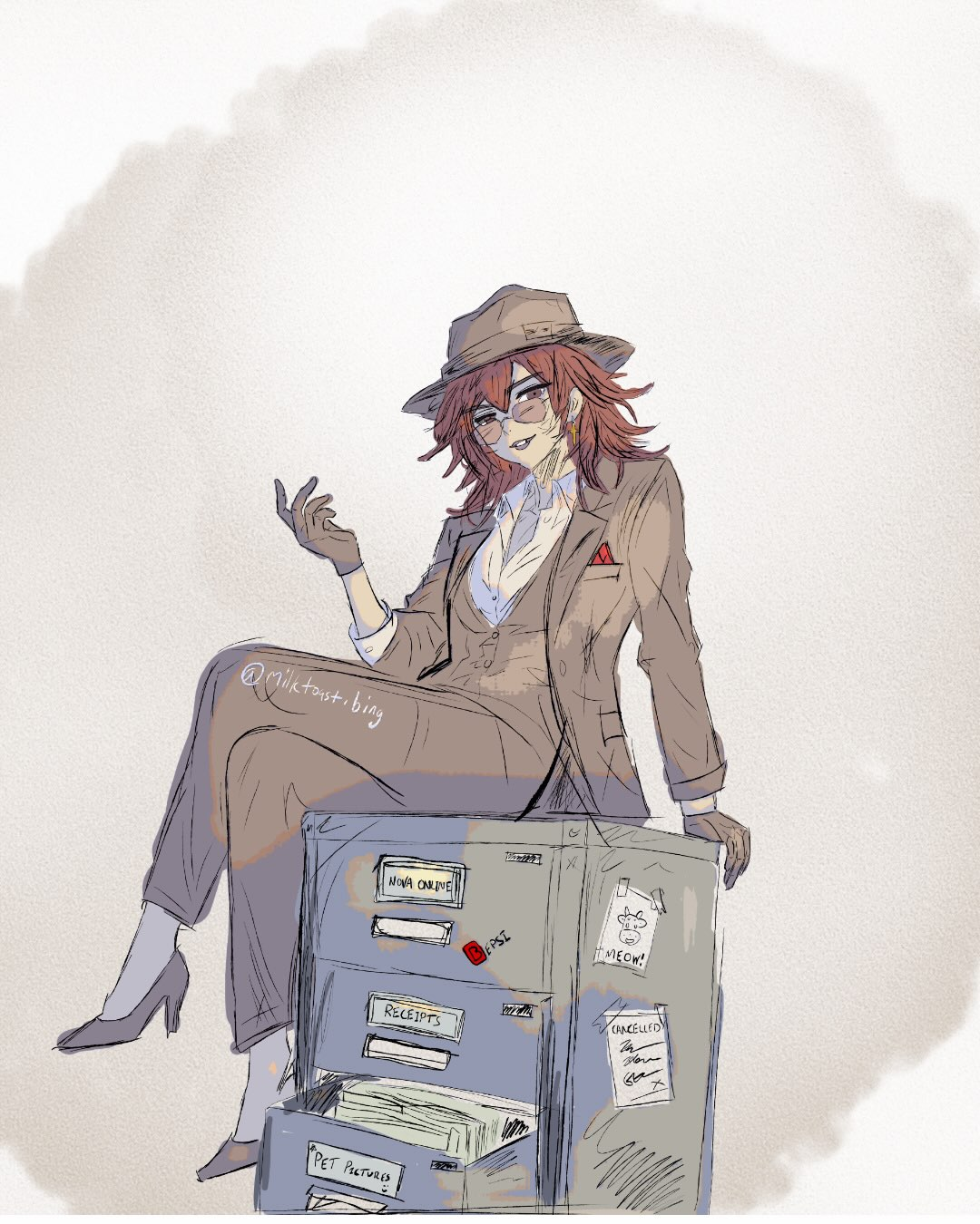 The Greasy Middle Finger on top of a filing cabniet of Nova's files.