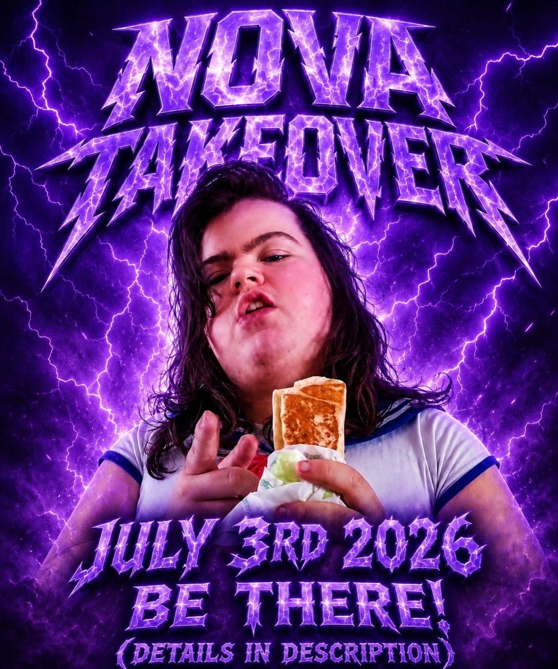 Nova in a sailor moon outfit with a purple background, there is text above saying 'NOVA TAKEOVER' and text below saying 'JULY 3RD 2026 BE THERE!'