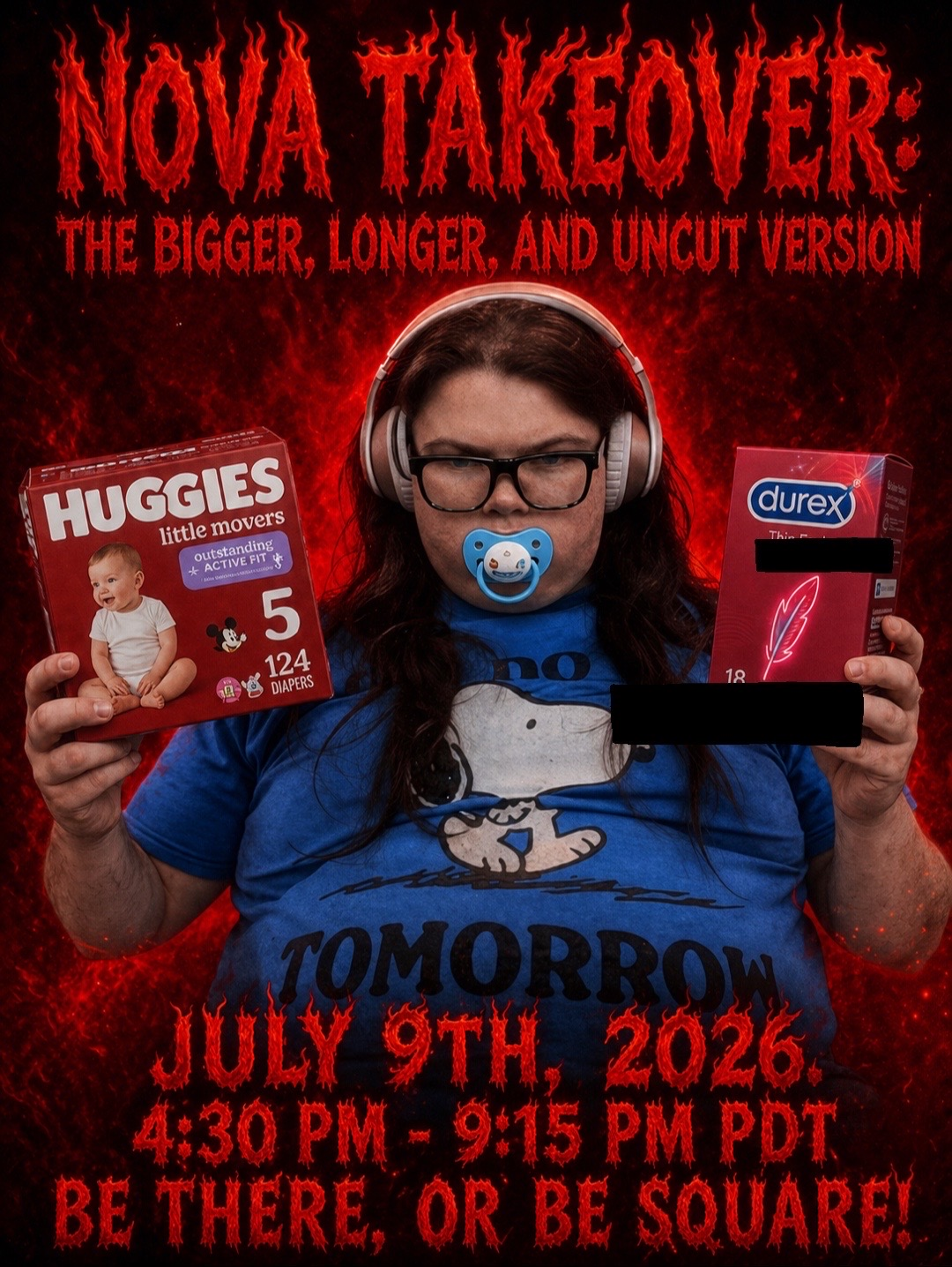 An AI generated image of Nova holding a box of diapers in one hand and a box of condoms in the other on a red background with similar text to the original promtional image.