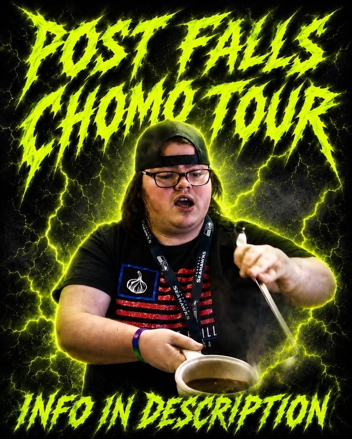 Nova making french onion soup with text 'Post Falls Chomo Tour' above and 'Info in description' below.