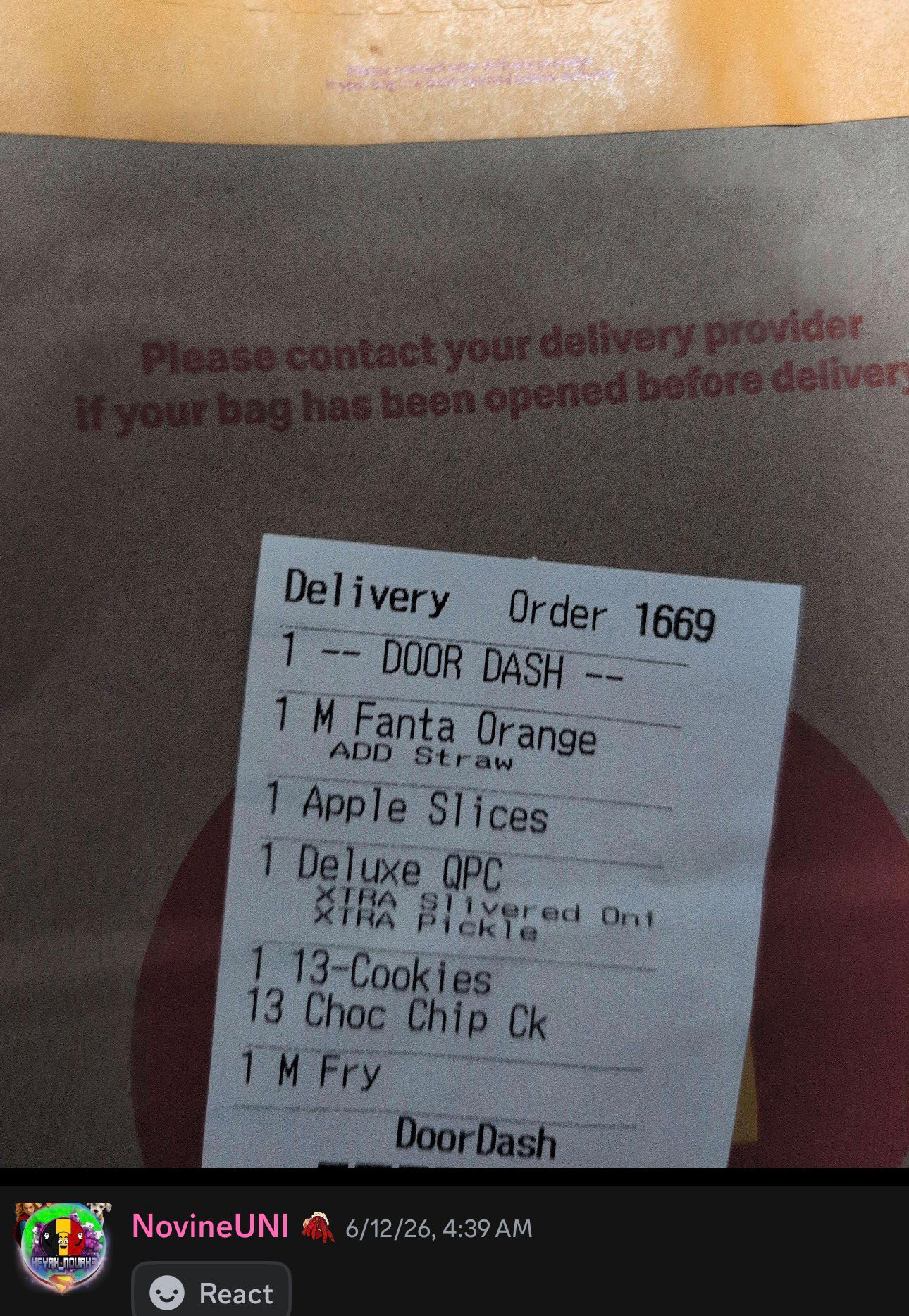 Nova posting an image to discord of his McDonald's doordash order consiting of 1 medium orange Fanta, 1 pack of apple slices, 1 quater pounder with cheese deluxe with extra pickel and onion, 13 chocolate chip cookies and 1 medium fry.