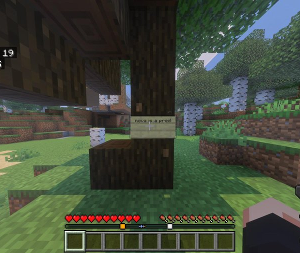 Minecraft screenshot of a sign on a tree stating 'Nova is a pred'.